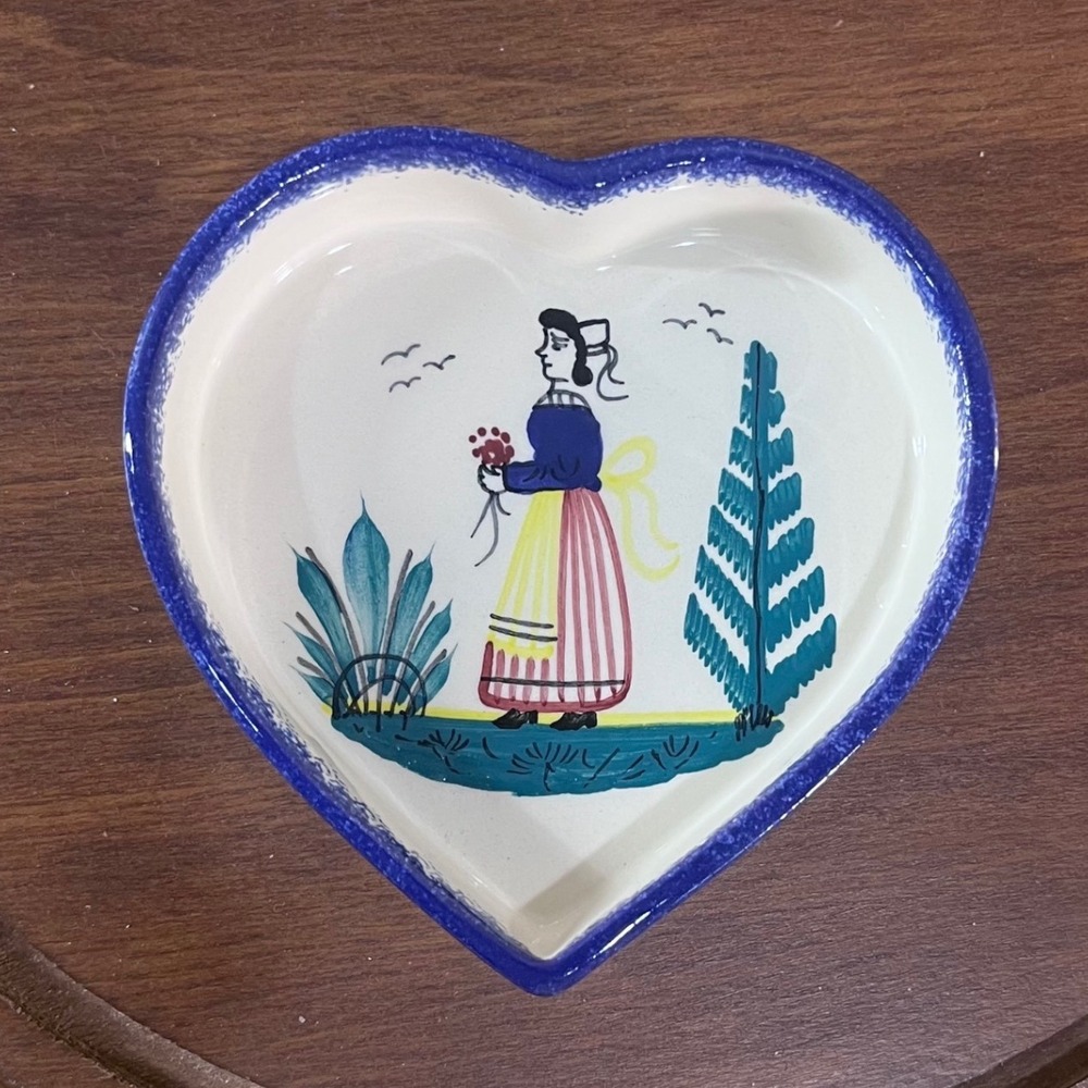 HB Henriot Quimper Trinket Dish Vtg Heart French Folk Art Blue Hand Painted